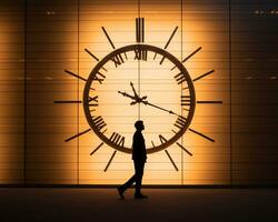 a silhouette of a man walking in front of a large clock generative ai photo