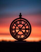 a silhouette of a clock against a sunset generative ai photo