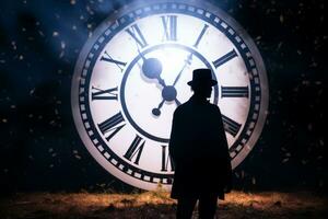 a silhouette of a man in a top hat standing in front of a large clock generative ai photo