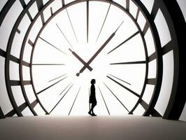 a silhouette of a woman standing in front of a large clock generative ai photo