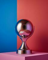 a silver trophy sits on top of a red and blue background generative ai photo