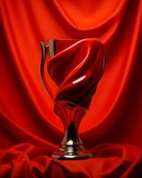 a silver trophy on a red background generative ai photo