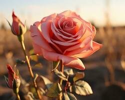 a single pink rose in the middle of a field generative ai photo