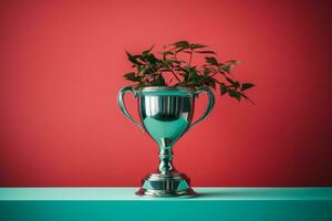 un plata trofeo con un planta en eso en un rojo antecedentes generativo ai foto