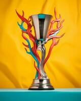 a silver trophy with colorful flames on a yellow background generative ai photo