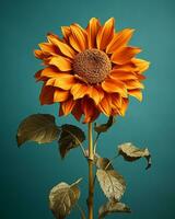 a single orange sunflower on a green background generative ai photo