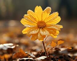 a single yellow flower is standing in the middle of a field generative ai photo