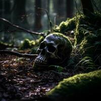 a skull is sitting in the middle of a forest generative ai photo