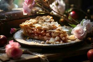 a slice of apple pie sits on a plate next to flowers generative ai photo