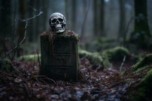 a skull sitting on top of a tombstone in the woods generative ai photo