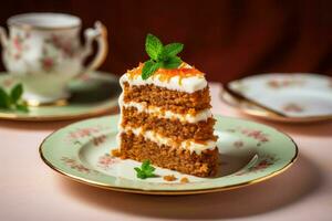 un rebanada de Zanahoria pastel en un plato con un taza de té generativo ai foto