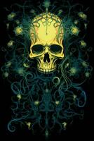 a skull with flowers and vines on a black background generative ai photo