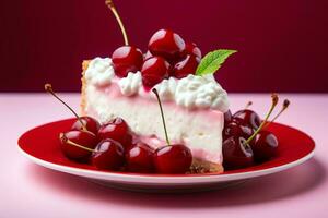 un rebanada de tarta de queso con cerezas en un rojo plato generativo ai foto