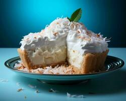 a slice of coconut cream pie on a blue plate generative ai photo