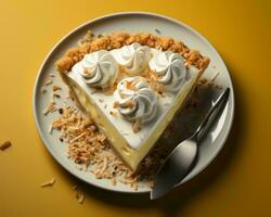 a slice of coconut cream pie on a plate with a fork generative ai photo