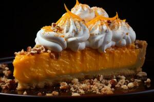 a slice of orange pie with whipped cream and pecans generative ai photo