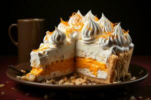 a slice of orange cream pie on a plate generative ai photo