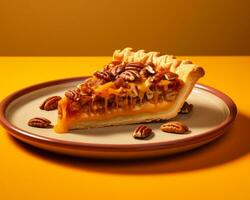 a slice of pecan pie on a plate with pecans generative ai photo