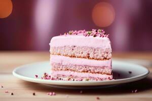 un rebanada de rosado pastel en un plato con rosado asperja generativo ai foto