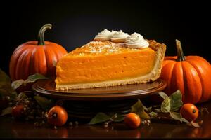 a slice of pumpkin pie with whipped cream on top generative ai photo