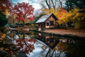 a small cabin in the middle of a pond surrounded by colorful trees generative ai photo