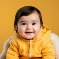 un sonriente bebé en un amarillo chaqueta en un amarillo antecedentes generativo ai foto