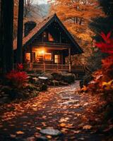 un pequeño cabina en el bosque rodeado por otoño hojas generativo ai foto