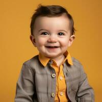 a smiling baby boy in a gray shirt and yellow shirt generative ai photo