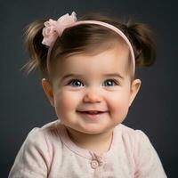 un sonriente bebé niña con un rosado arco en su cabeza generativo ai foto