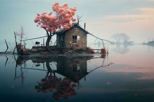 un pequeño casa se sienta en parte superior de un lago con rosado arboles generativo ai foto