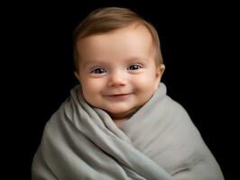 a smiling baby wrapped in a blanket on a black background generative ai photo