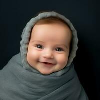 a smiling baby wrapped in a blue blanket generative ai photo