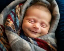 a smiling baby is wrapped in a blanket generative ai photo