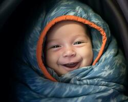 a smiling baby wrapped in a blanket generative ai photo