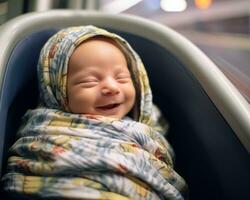 a smiling baby wrapped in a blanket on a train generative ai photo