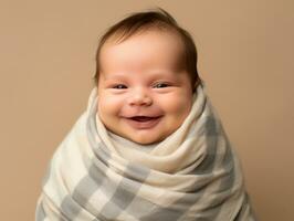 a smiling baby wrapped in a blanket on a brown background generative ai photo