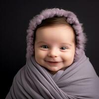 a smiling baby wrapped in a purple blanket generative ai photo