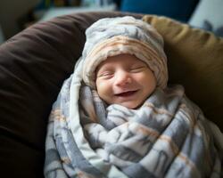 a smiling baby wrapped in a blanket generative ai photo