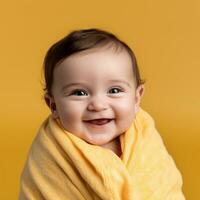 un sonriente bebé envuelto en un amarillo toalla generativo ai foto
