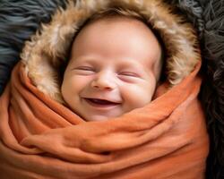 a smiling baby wrapped in an orange blanket generative ai photo