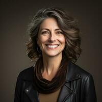 a smiling woman in a leather jacket and scarf generative ai photo
