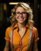 a smiling woman wearing glasses and an orange shirt generative ai photo