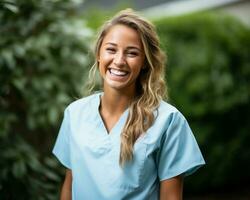 a smiling young woman in scrubs standing outside generative ai photo