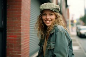 a smiling young woman wearing a hat and jacket on a city street generative ai photo