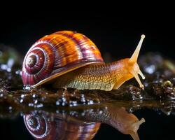 un caracol es caminando en el suelo con sus reflexión en el agua generativo ai foto