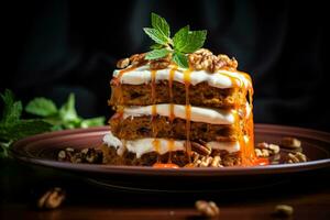 a stack of carrot cake with cream cheese frosting generative ai photo