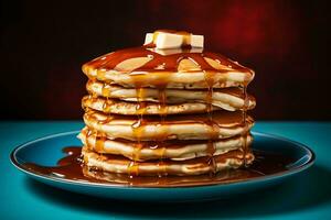 a stack of pancakes on a blue plate with syrup generative ai photo