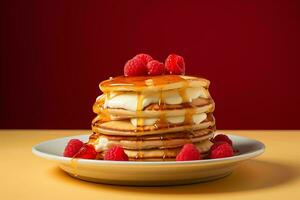 a stack of pancakes topped with whipped cream and raspberries generative ai photo