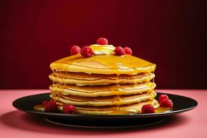 a stack of pancakes topped with syrup and raspberries generative ai photo