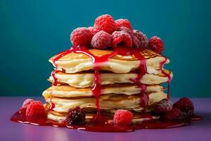 a stack of pancakes with raspberries on top generative ai photo